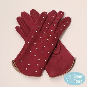 Burgundy Rhinestone Smart Touch Fur Gloves Cute Statement Accessories Trendy Red